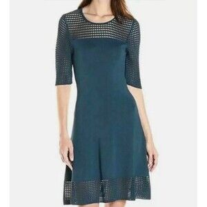 NWT Nanette Lepore M Teal Blue Green Perforated Sweater Dress Demure Holiday